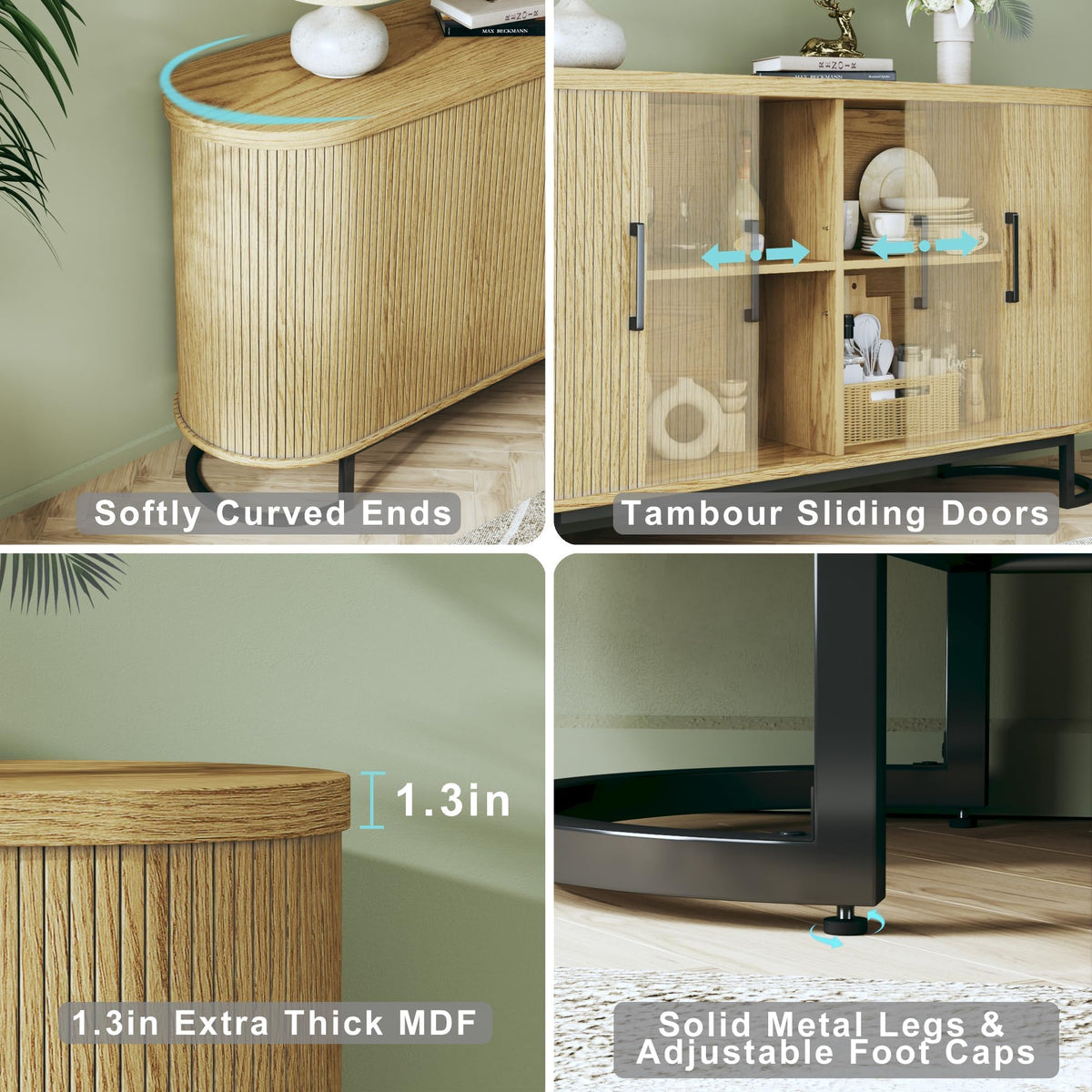 Sideboard Buffet Cabinet with Storage, Fluted Tambour, Adjustable Shelves J442