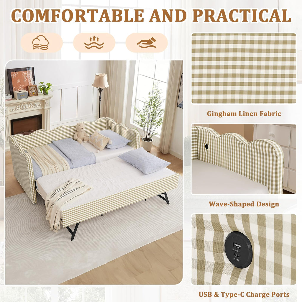 Twin Size Gingham Upholstered Daybed with Trundle and USB Ports L289872