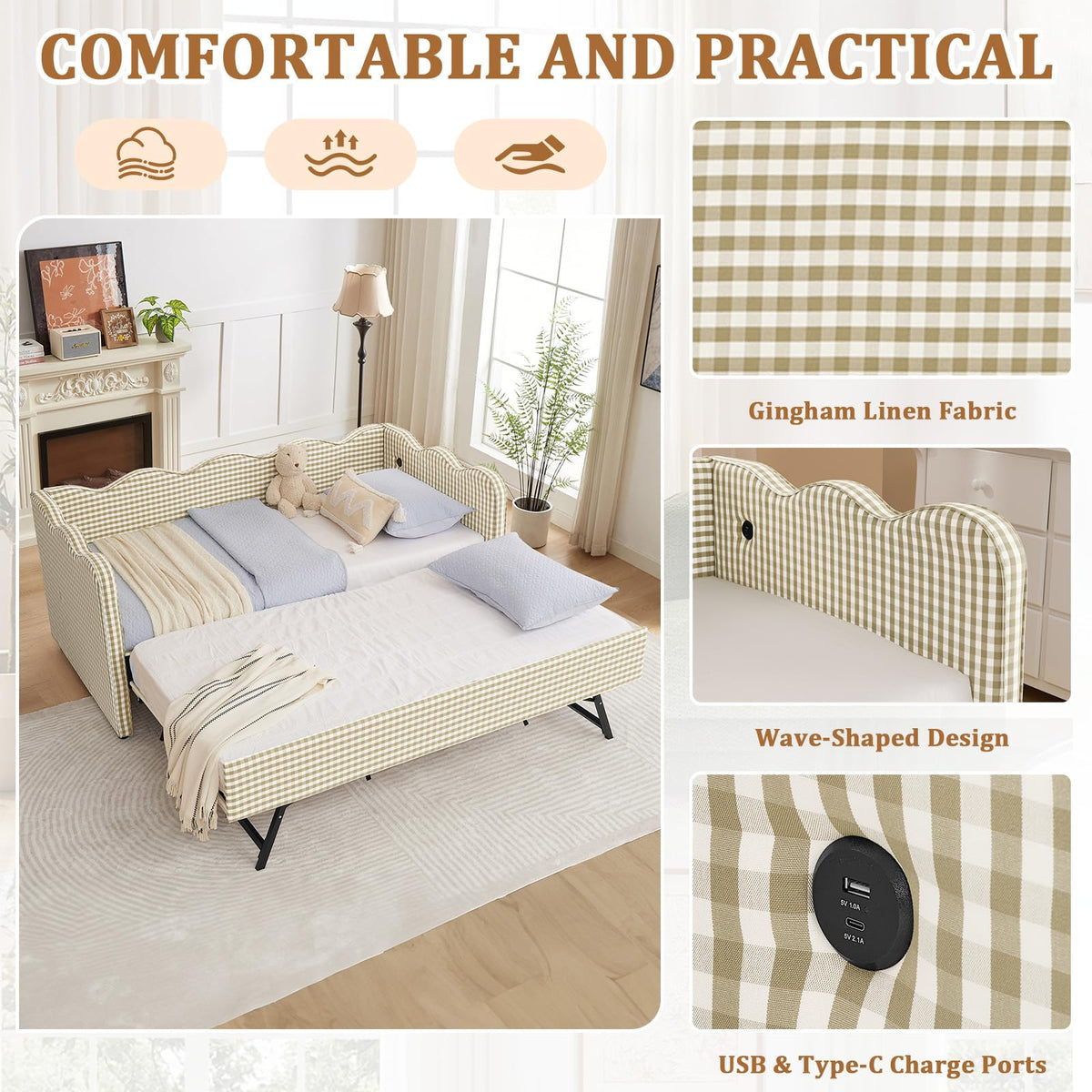 Twin Size Gingham Upholstered Daybed with Trundle and USB Ports L289872