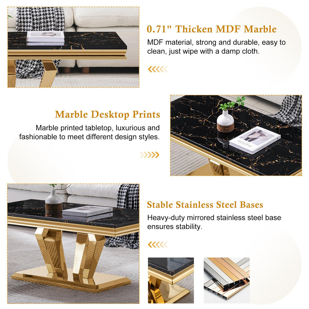 47" Faux Marble Rectangular Coffee Table with Mirrored Finish Stainless Steel Base H67669