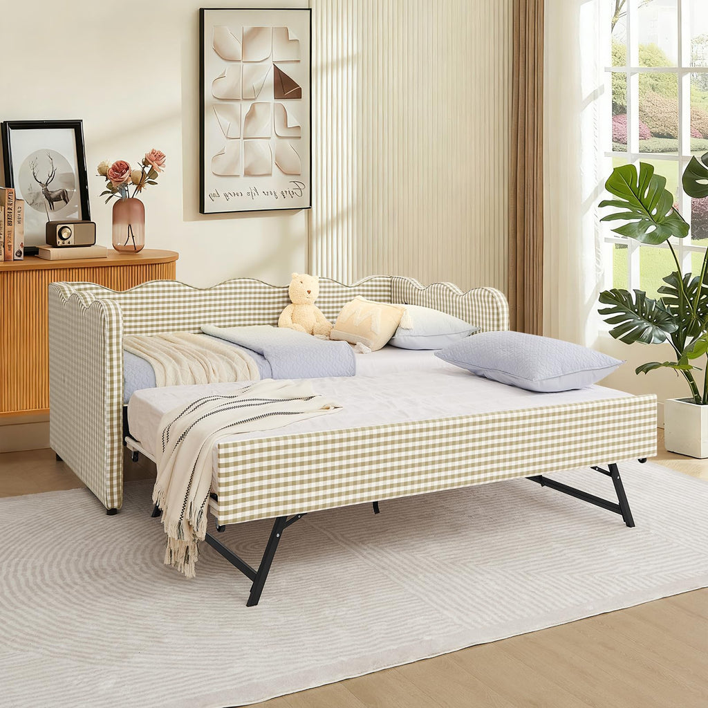 Twin Size Gingham Upholstered Daybed with Trundle and USB Ports L289872