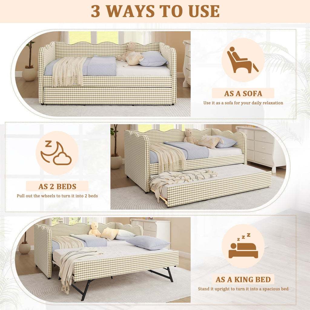 Twin Size Gingham Upholstered Daybed with Trundle and USB Ports L289872