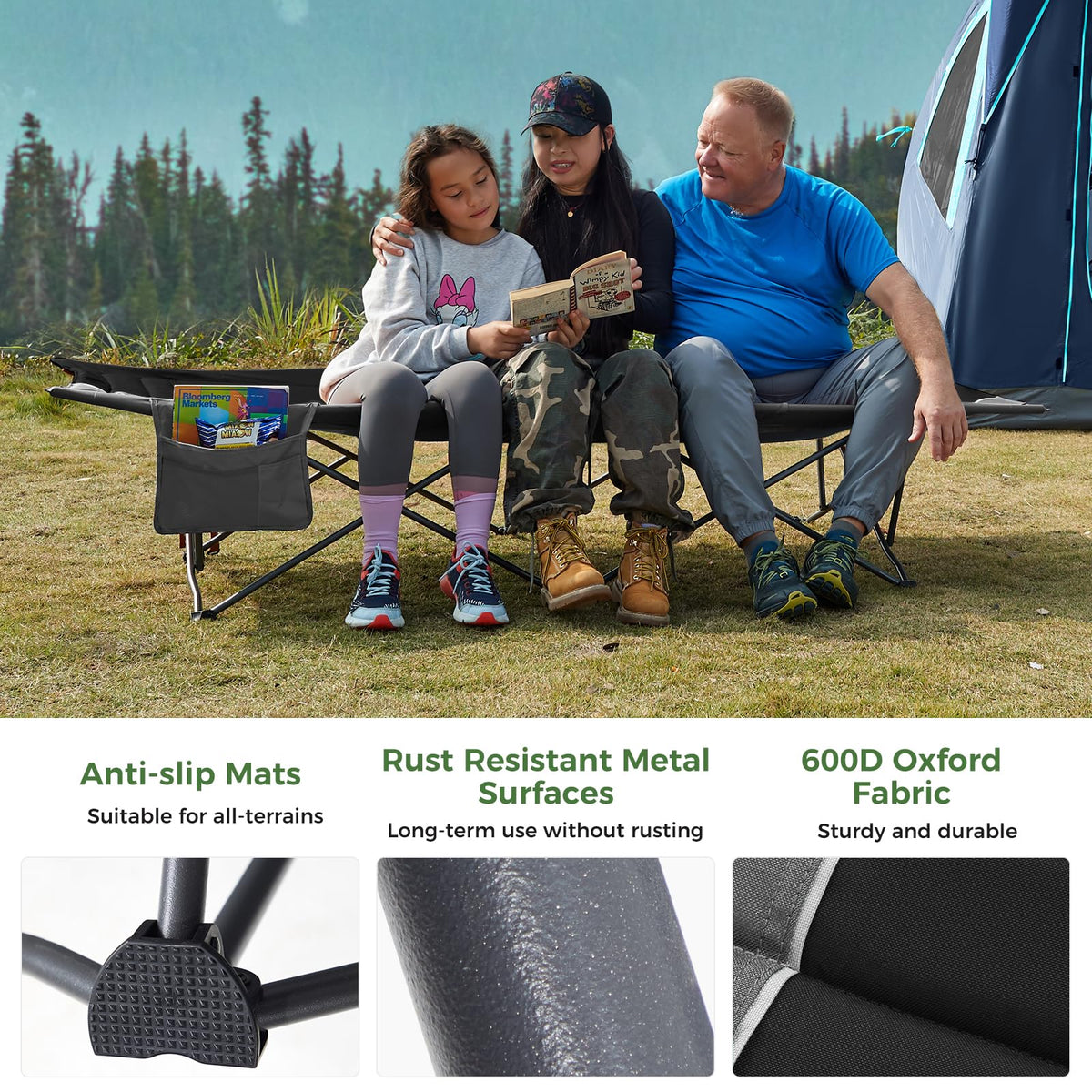 Extra Wide Heavy Duty Oversized Sleeping Cot with Carry Bag Black G378903