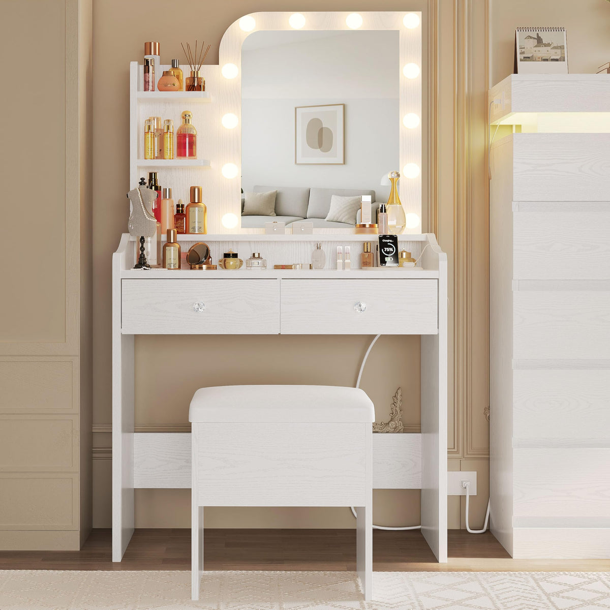 White Vanity Desk with Mirror Lights and Storage Stool C118596