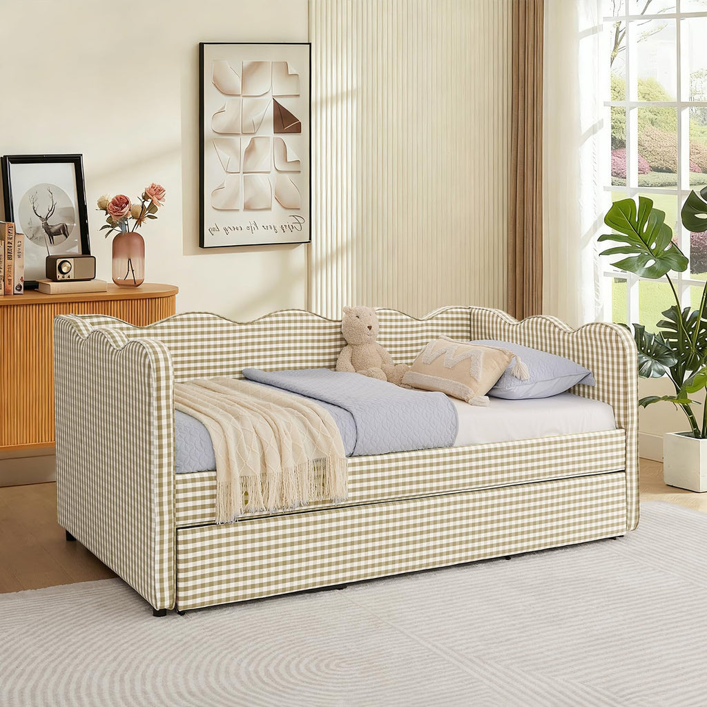 Twin Size Gingham Upholstered Daybed with Trundle and USB Ports L289872