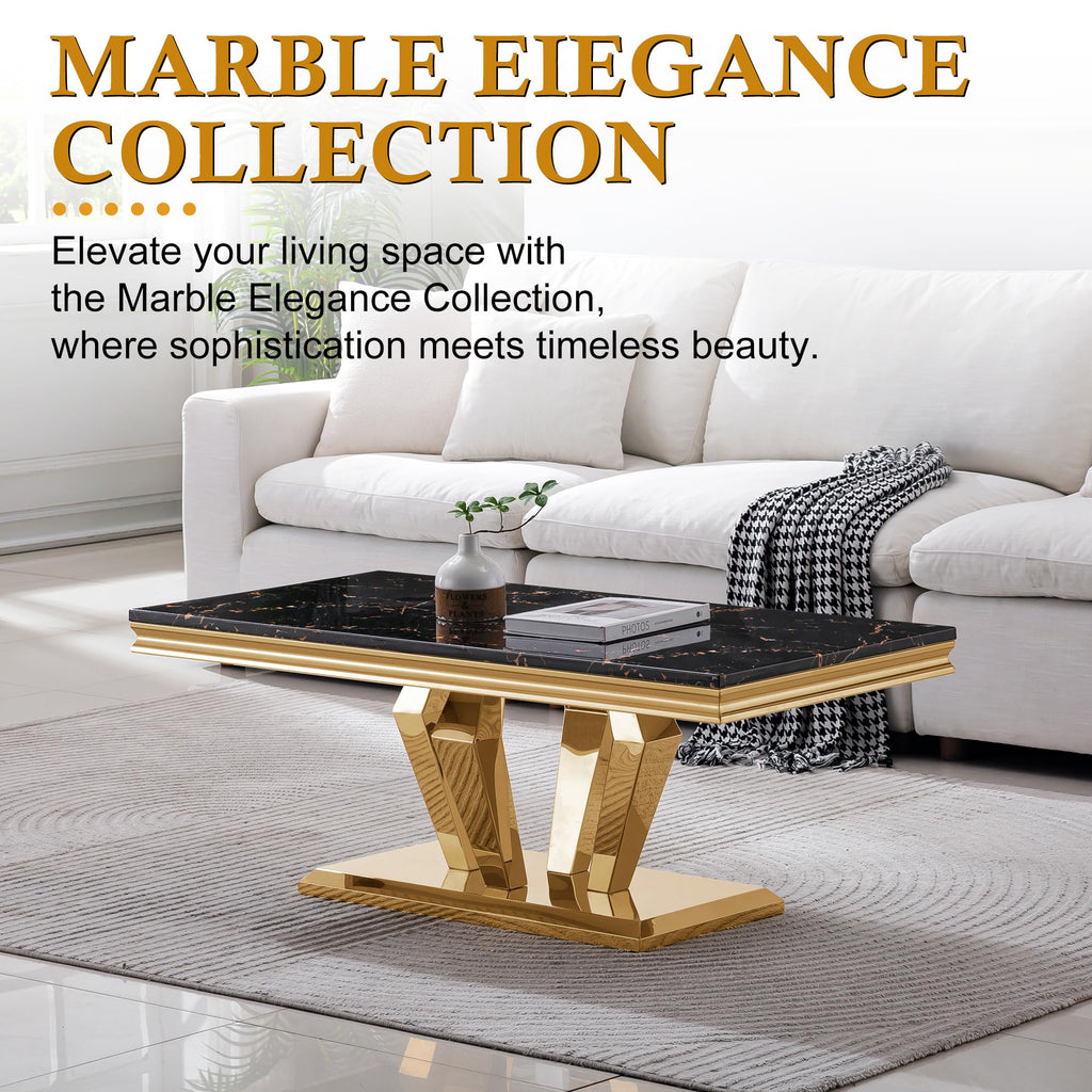 47" Faux Marble Rectangular Coffee Table with Mirrored Finish Stainless Steel Base H67669