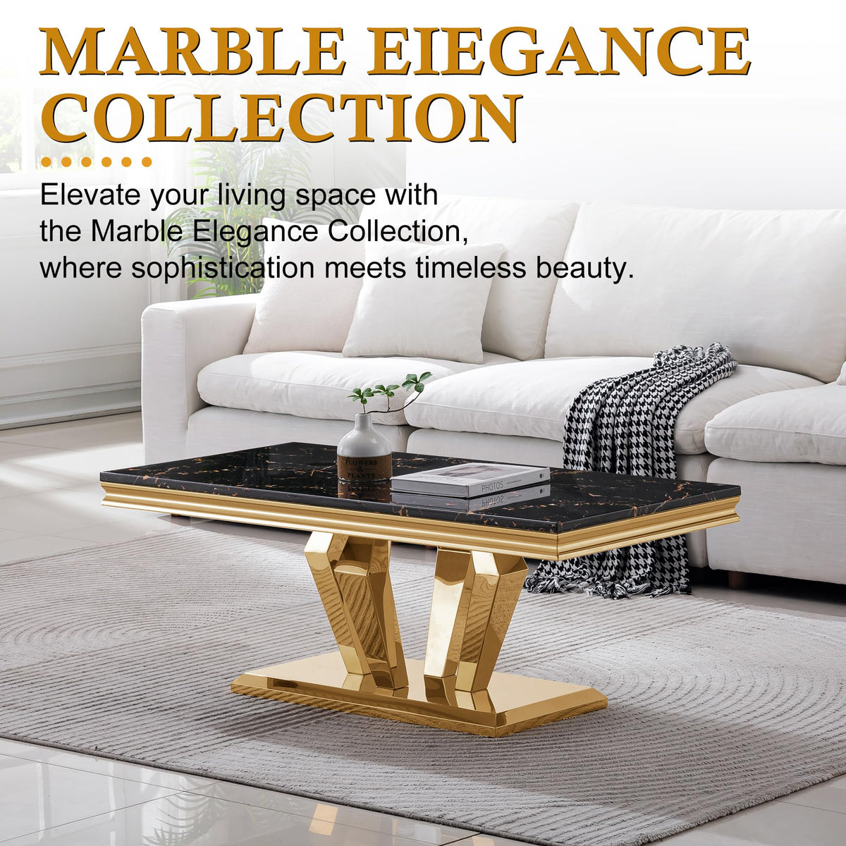 47" Faux Marble Rectangular Coffee Table with Mirrored Finish Stainless Steel Base H67669