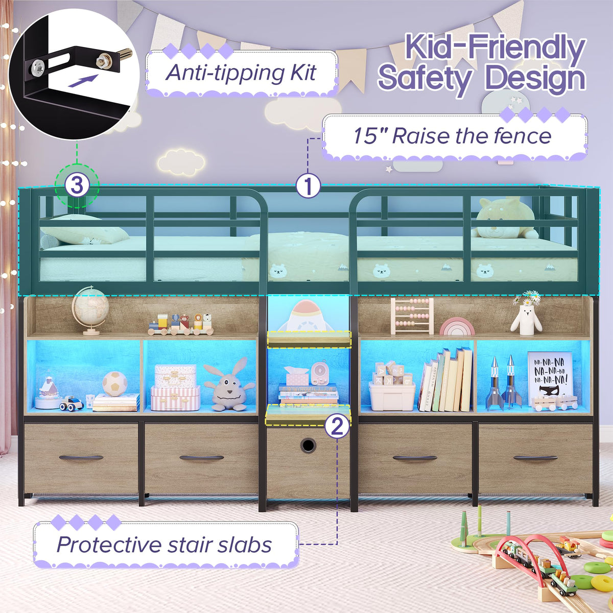 Twin Size Low Loft Bed with Storage V98066