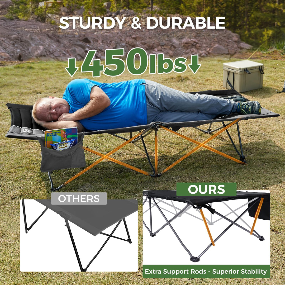 Extra Wide Heavy Duty Oversized Sleeping Cot with Carry Bag Black G378903