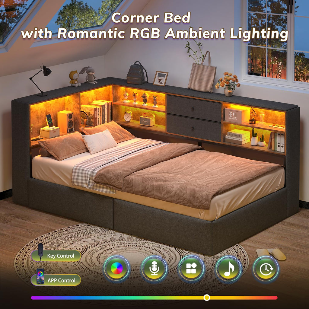 Twin Corner Bed Frame with Storage Drawers F772
