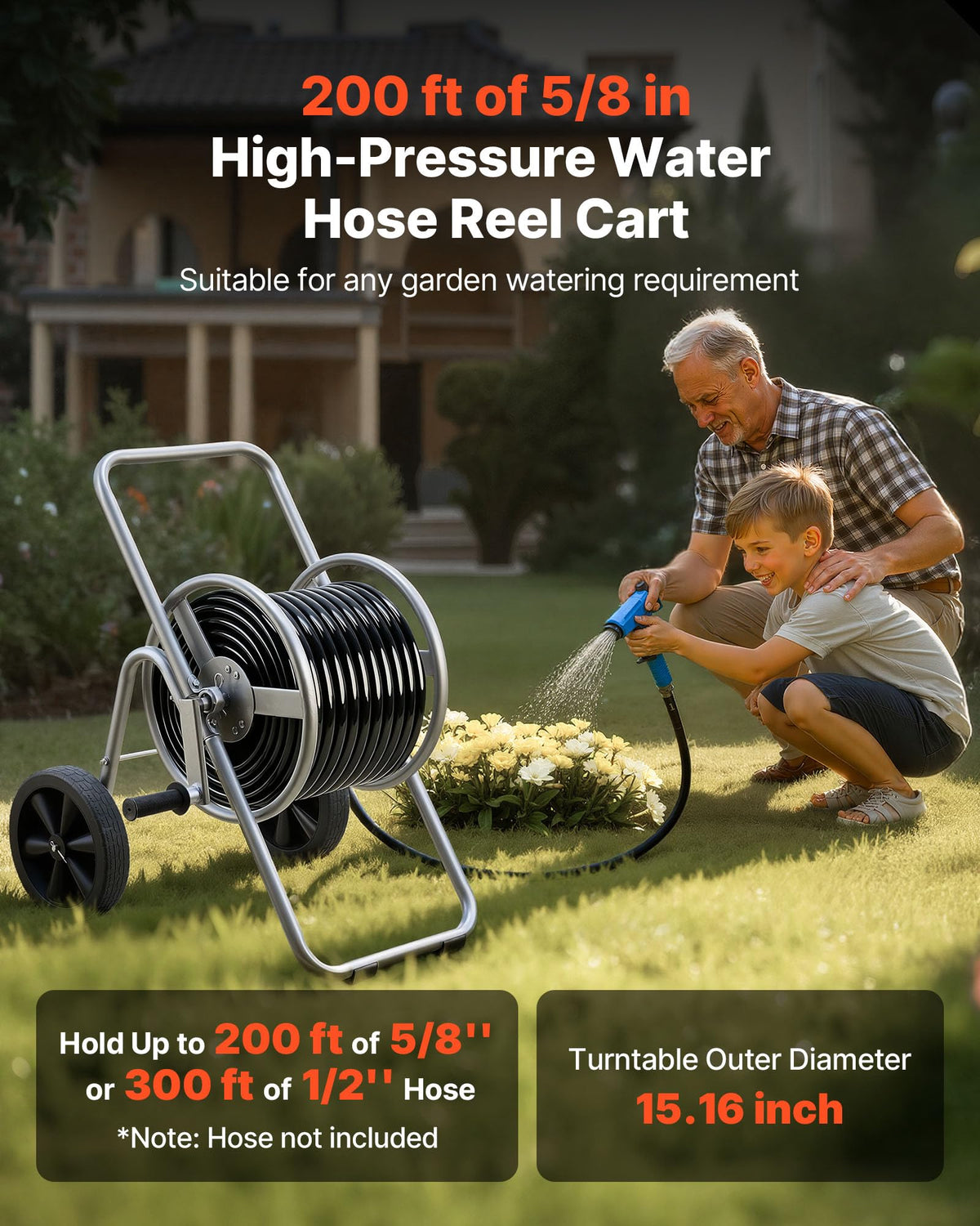 200/300 ft Garden Hose Reel Cart with Two Wheels H6680