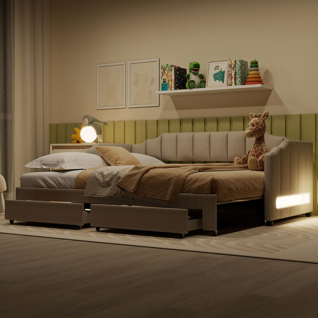 Twin XL Upholstered Daybed with Trundle and 2 Drawers W99583