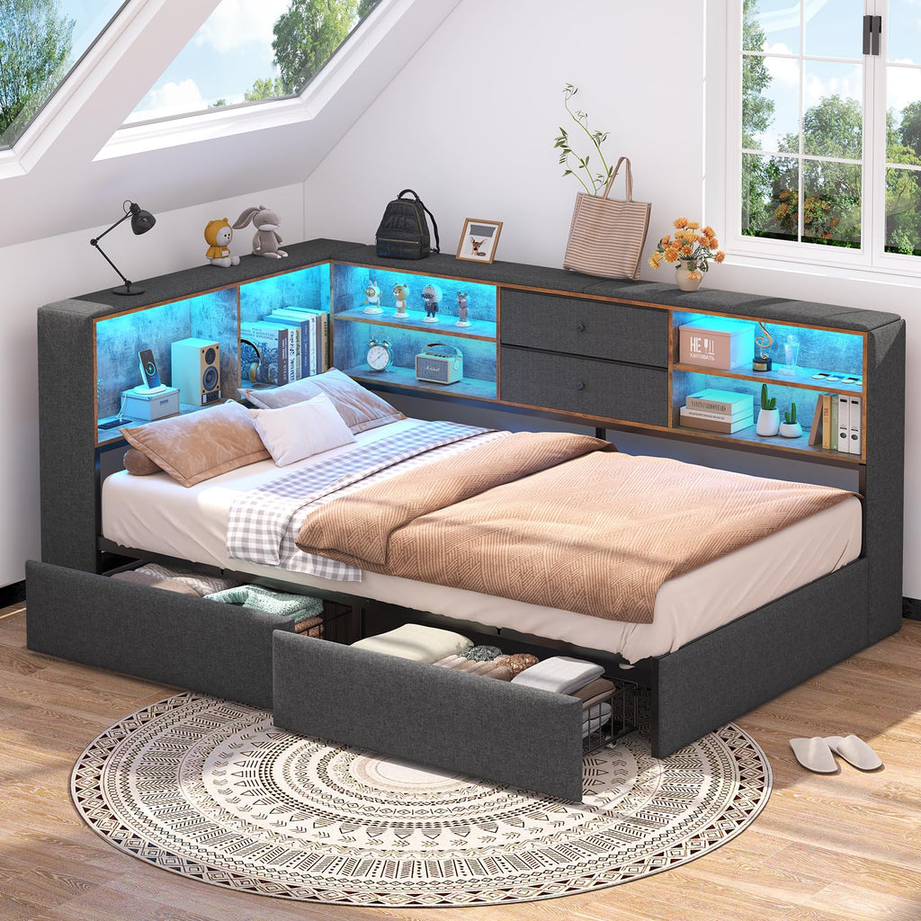 Twin Corner Bed Frame with Storage Drawers F772