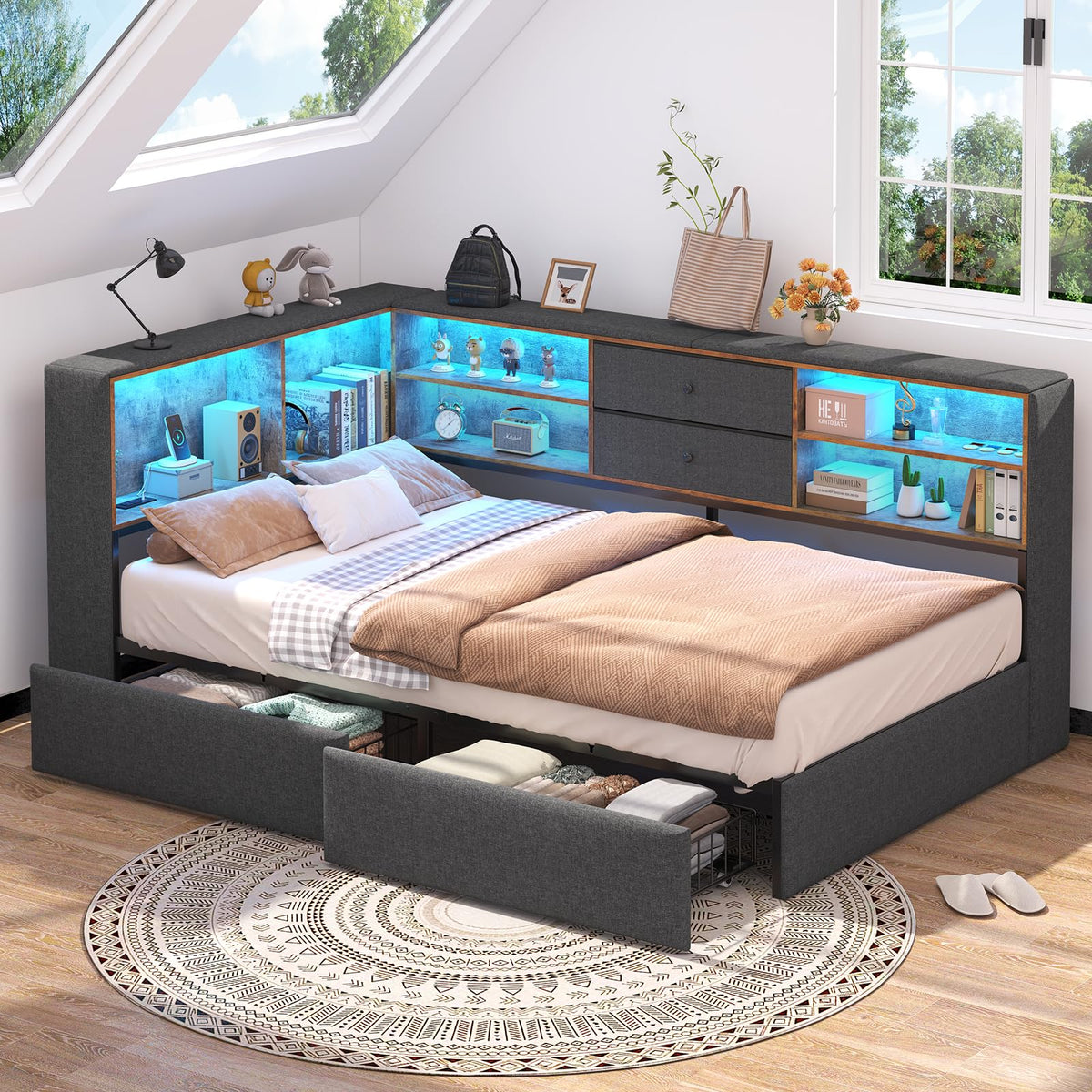 Twin Corner Bed Frame with Storage Drawers F772