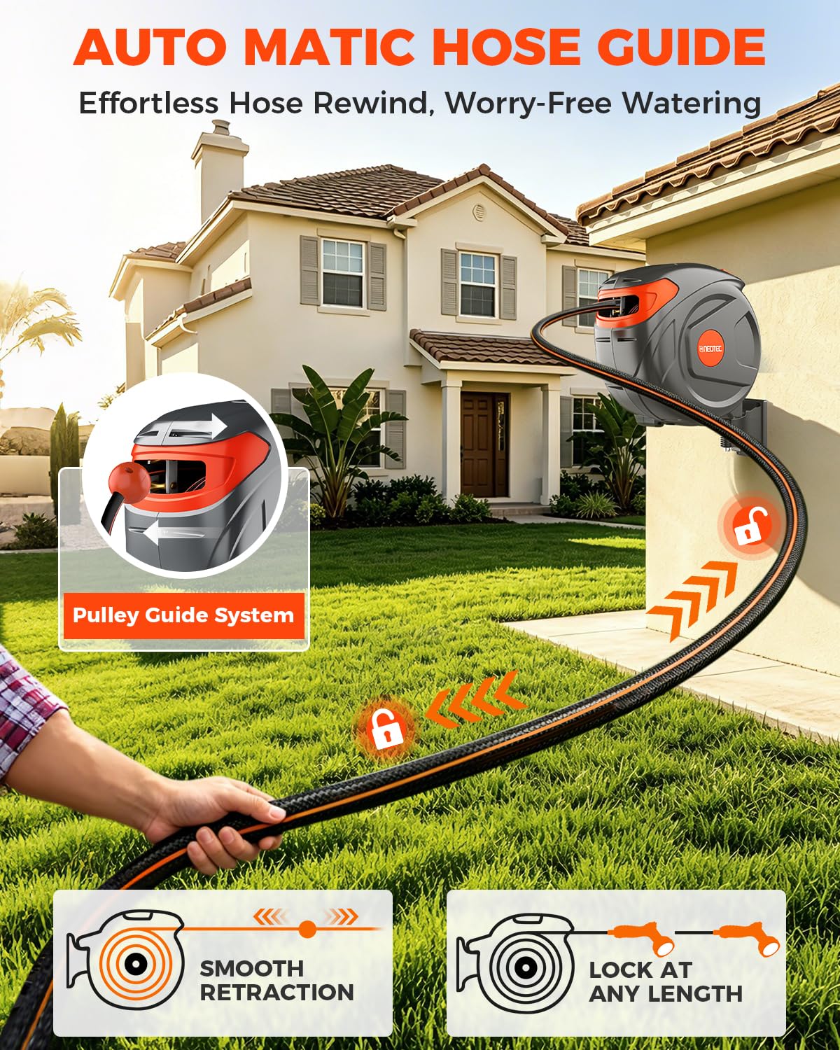 Retractable Garden Hose Reel 100 ft 1/2 Inch with 3-Layer PVC Hose T431