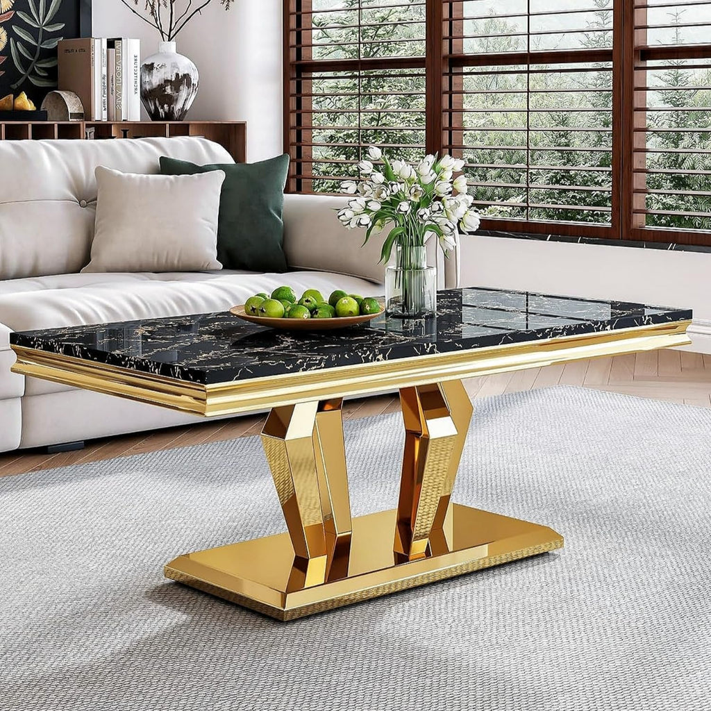 47" Faux Marble Rectangular Coffee Table with Mirrored Finish Stainless Steel Base H67669