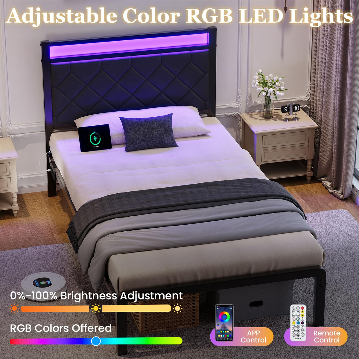 Twin Platform Bed Frame with Charging Station I125