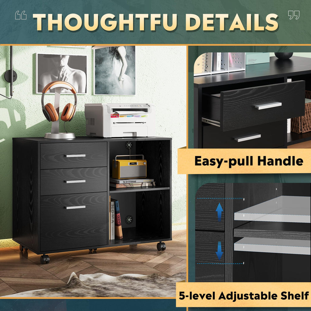 Wood 3 Drawer Black File Cabinet S3566