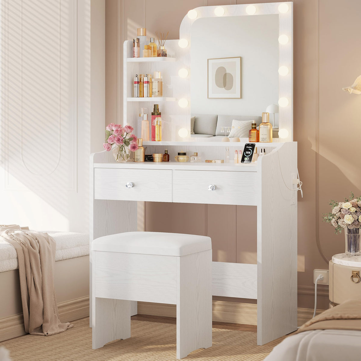 White Vanity Desk with Mirror Lights and Storage Stool C118596