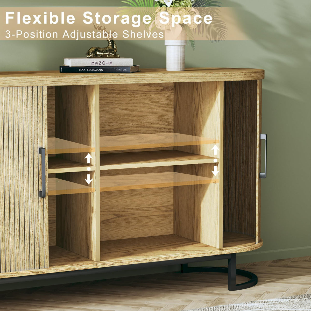 Sideboard Buffet Cabinet with Storage, Fluted Tambour, Adjustable Shelves J442