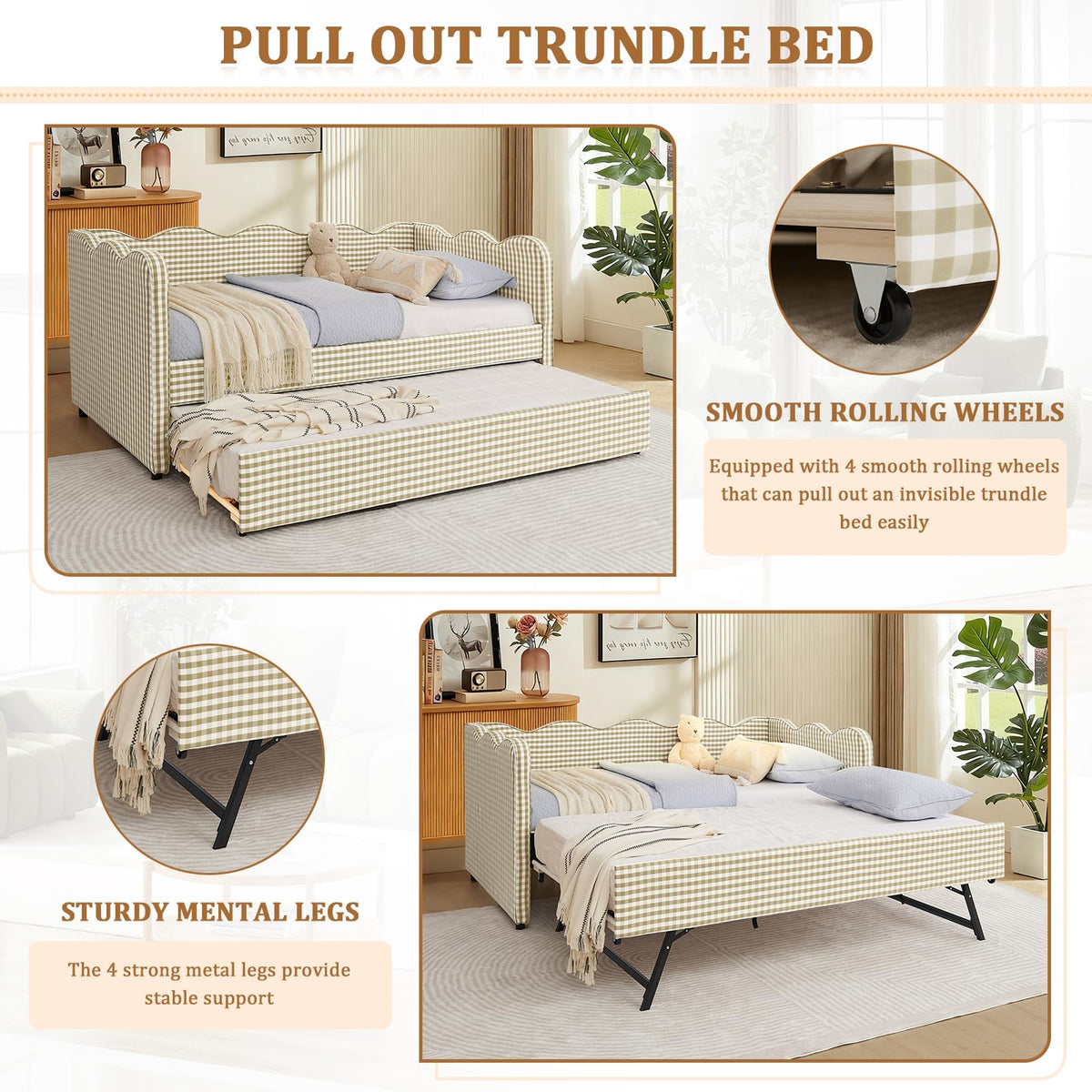 Twin Size Gingham Upholstered Daybed with Trundle and USB Ports L289872