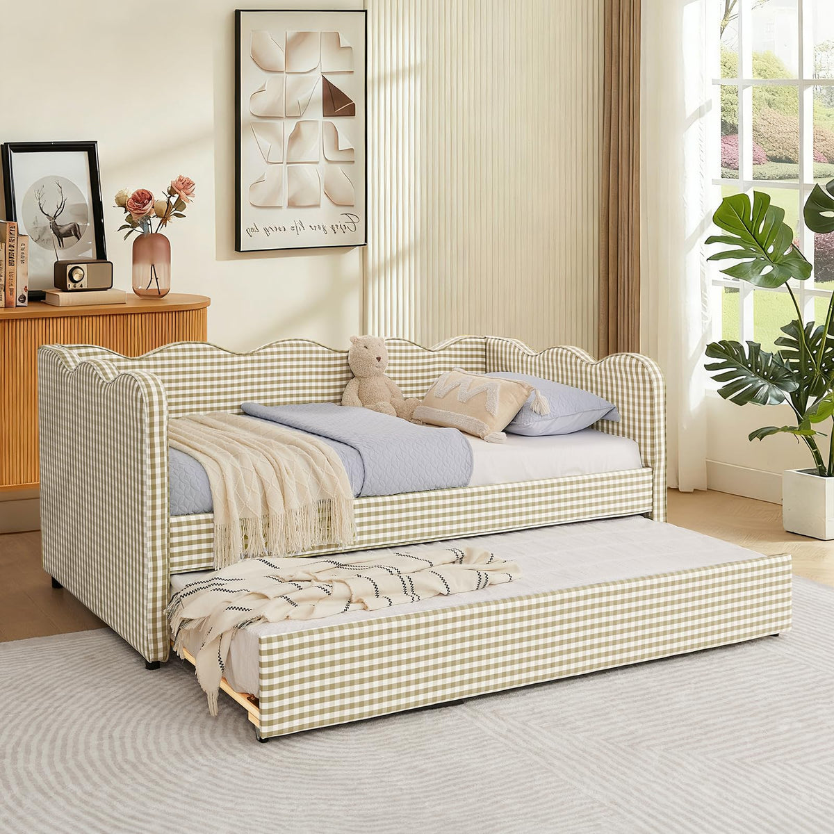 Twin Size Gingham Upholstered Daybed with Trundle and USB Ports L289872