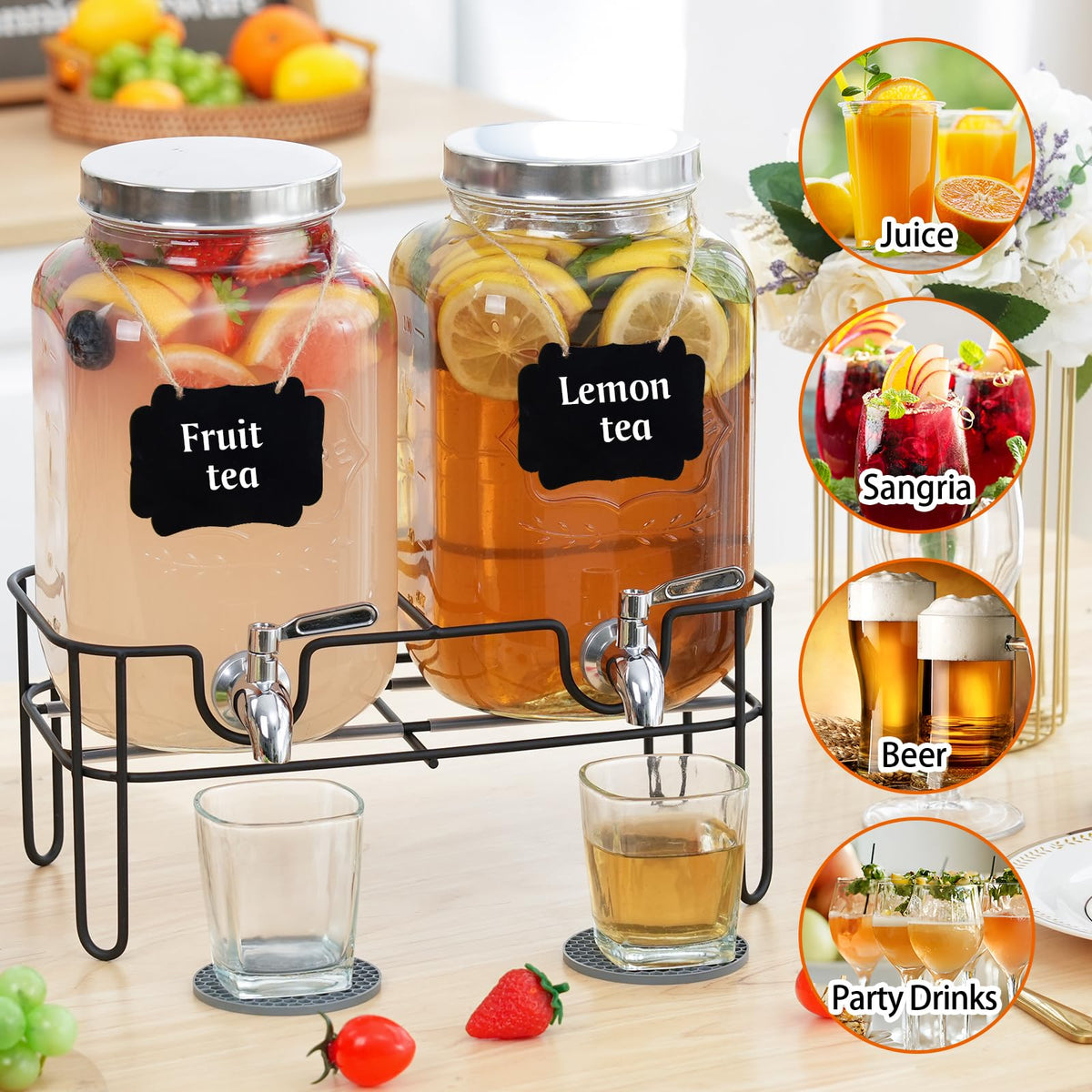 2 Pack 1 Gallon Glass Drink Dispensers with Stand & Spout X755062