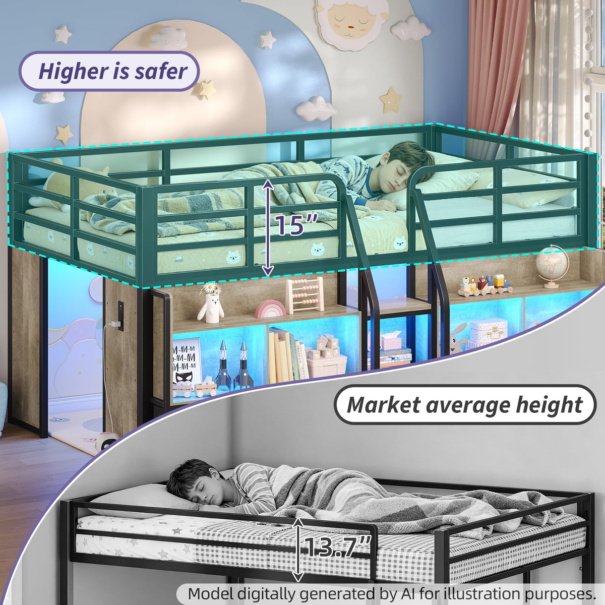 Twin Size Low Loft Bed with Storage V98066