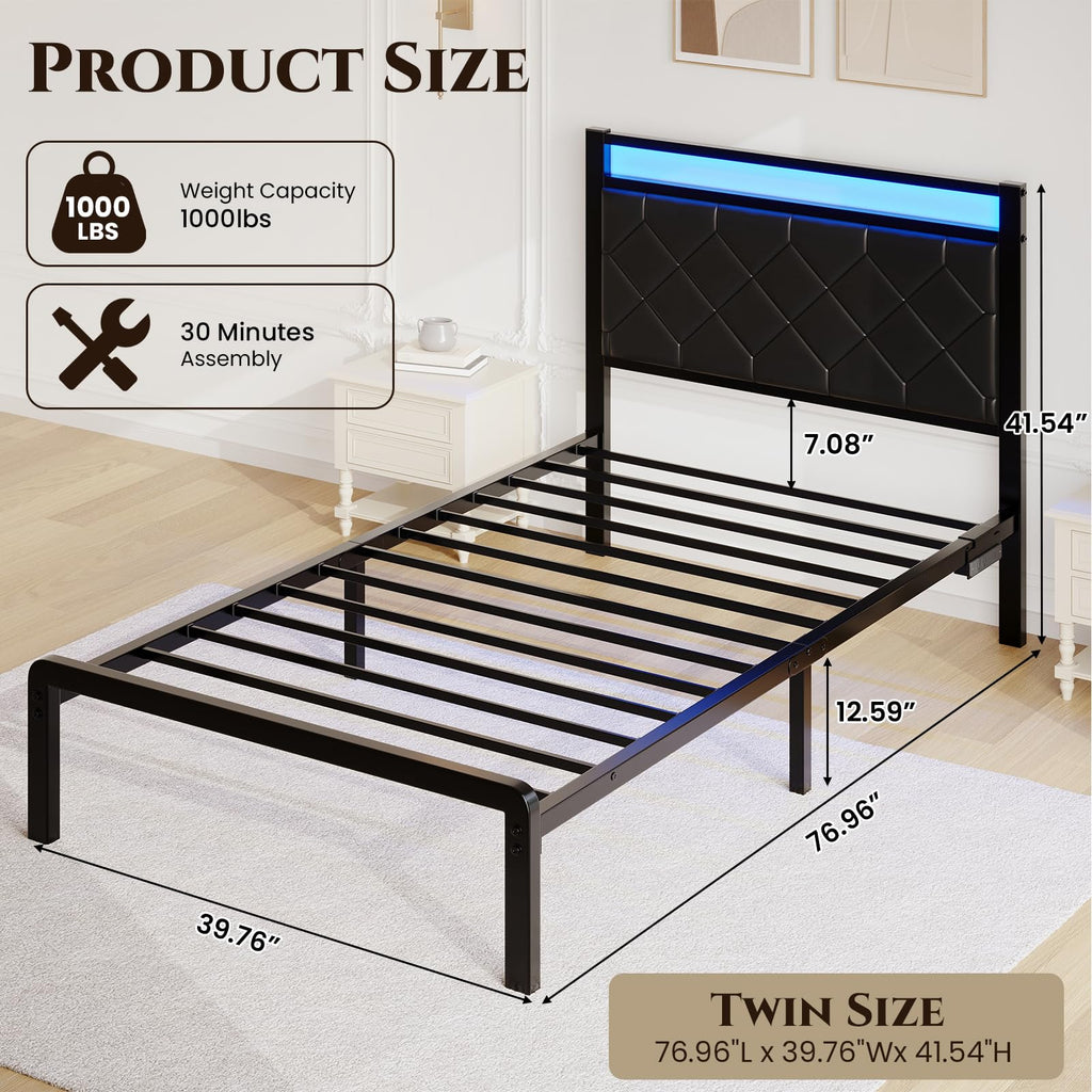 Twin Platform Bed Frame with Charging Station I125