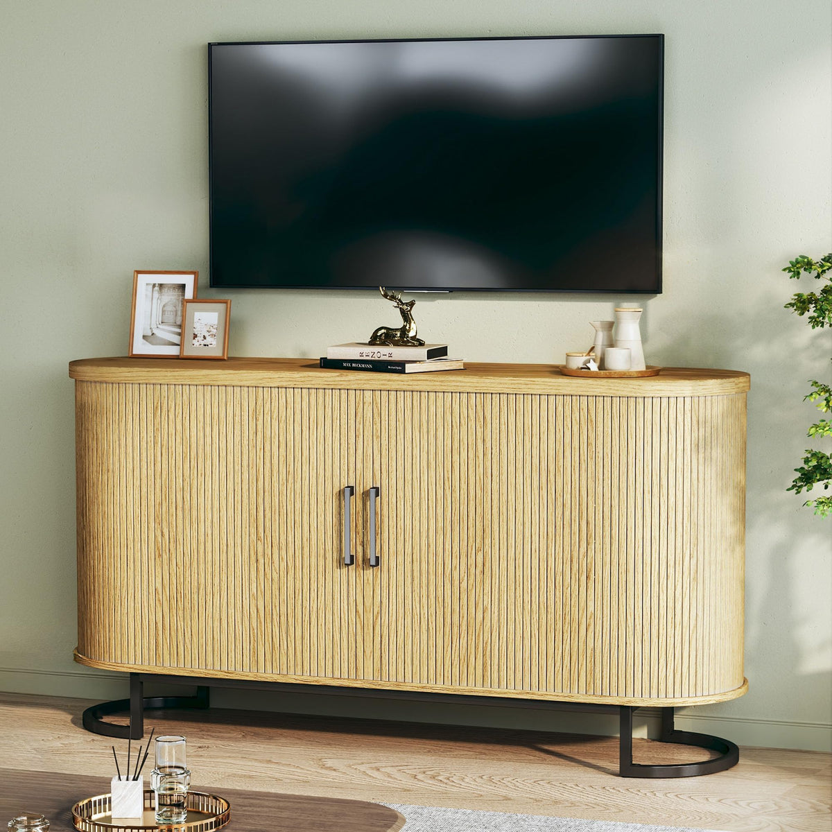 Sideboard Buffet Cabinet with Storage, Fluted Tambour, Adjustable Shelves J442