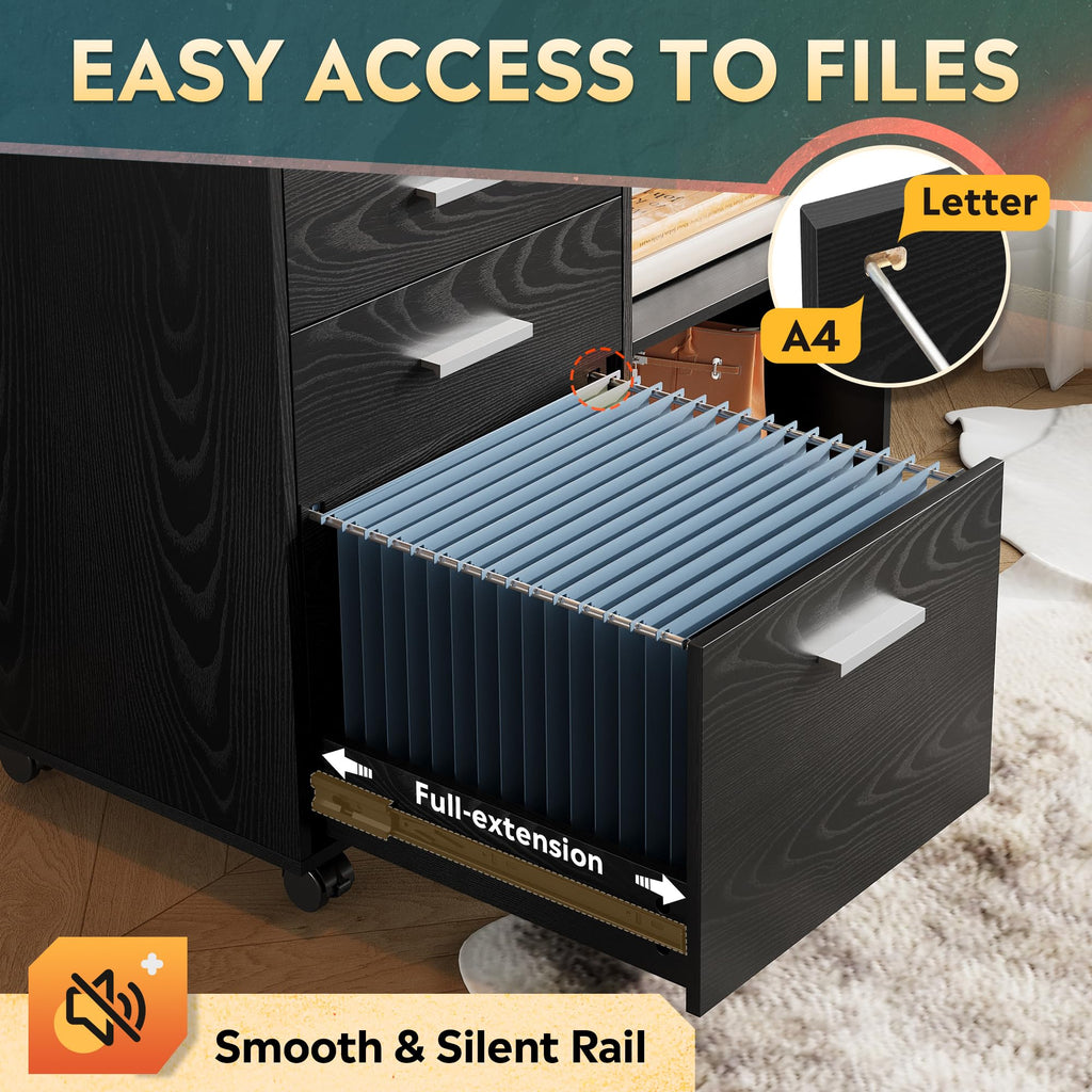 Wood 3 Drawer Black File Cabinet S3566