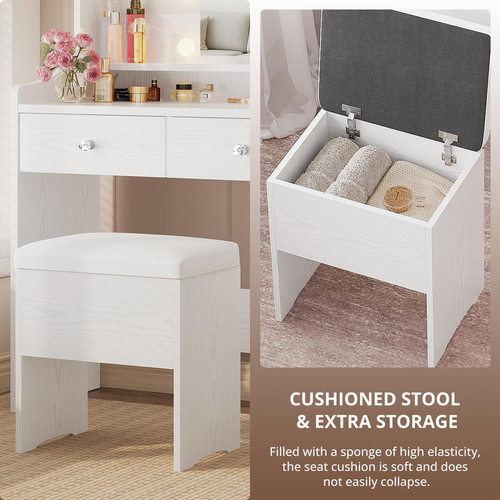 White Vanity Desk with Mirror Lights and Storage Stool C118596