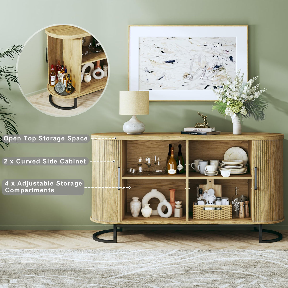 Sideboard Buffet Cabinet with Storage, Fluted Tambour, Adjustable Shelves J442