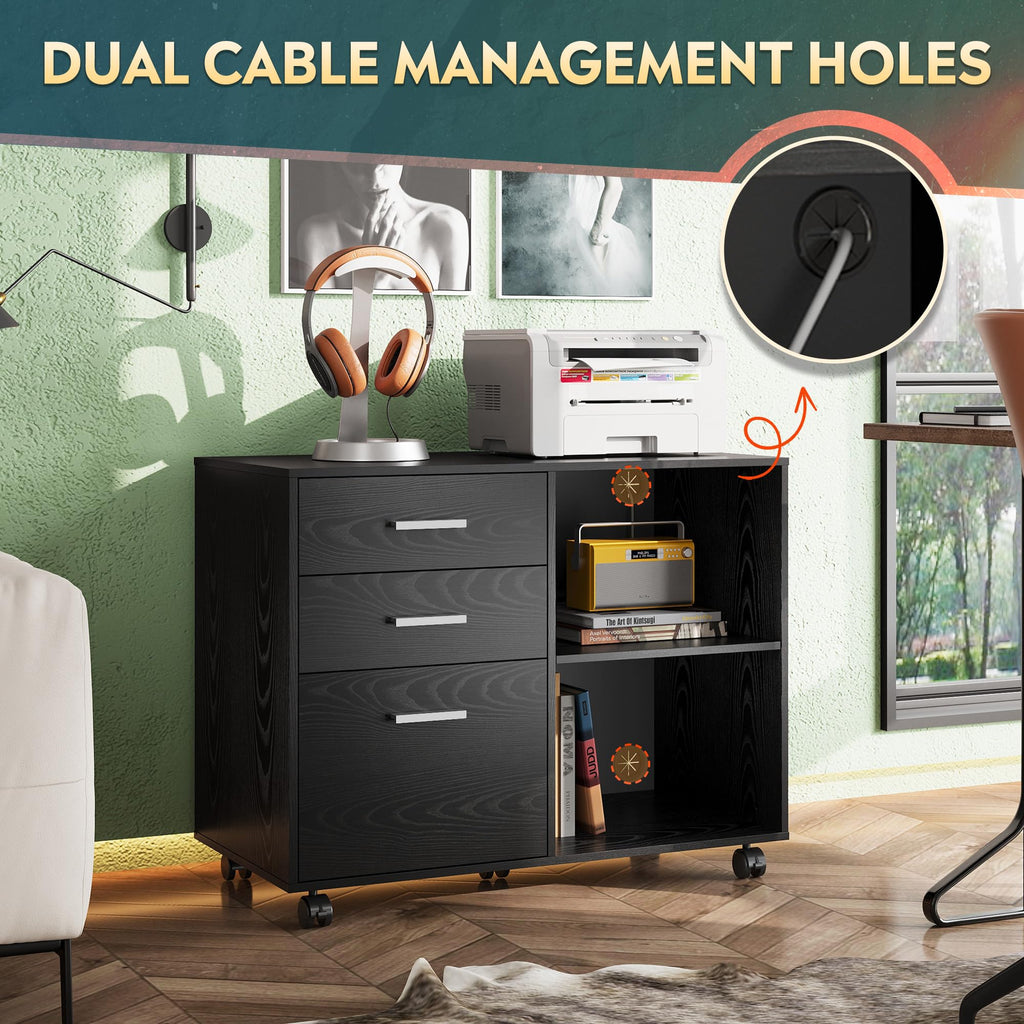 Wood 3 Drawer Black File Cabinet S3566