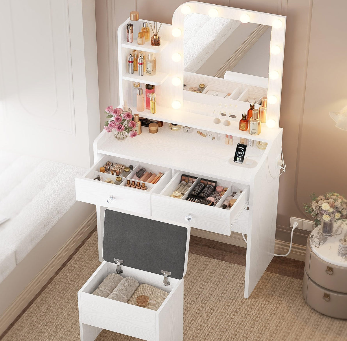 White Vanity Desk with Mirror Lights and Storage Stool C118596