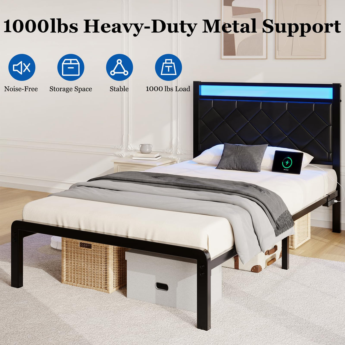 Twin Platform Bed Frame with Charging Station I125