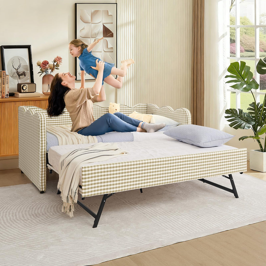Twin Size Gingham Upholstered Daybed with Trundle and USB Ports L289872