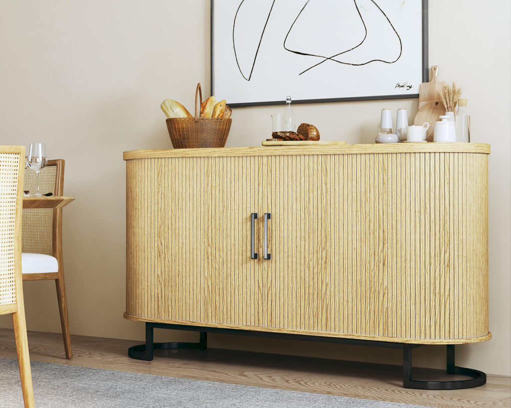 Sideboard Buffet Cabinet with Storage, Fluted Tambour, Adjustable Shelves J442