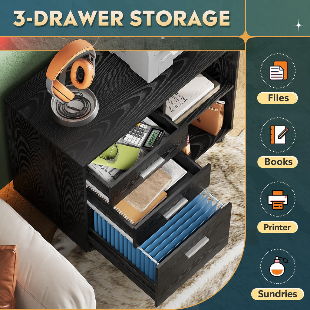 Wood 3 Drawer Black File Cabinet S3566