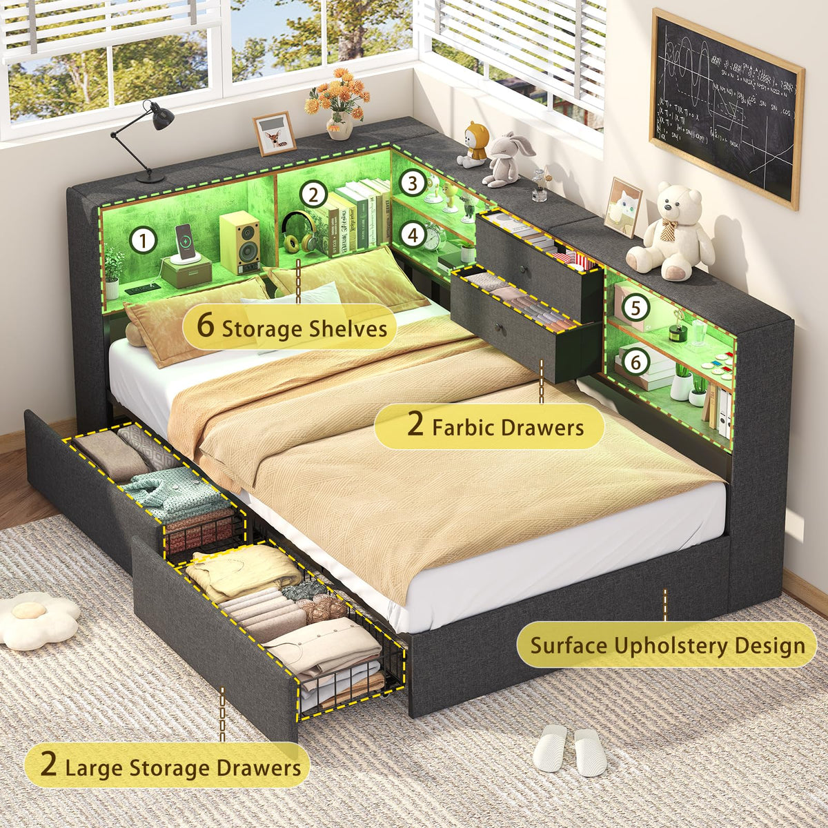 Twin Corner Bed Frame with Storage Drawers F772