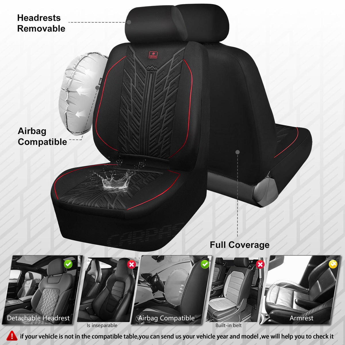 Waterproof Neoprene Car Seat Covers Full Set 5 Seats Black Red D347