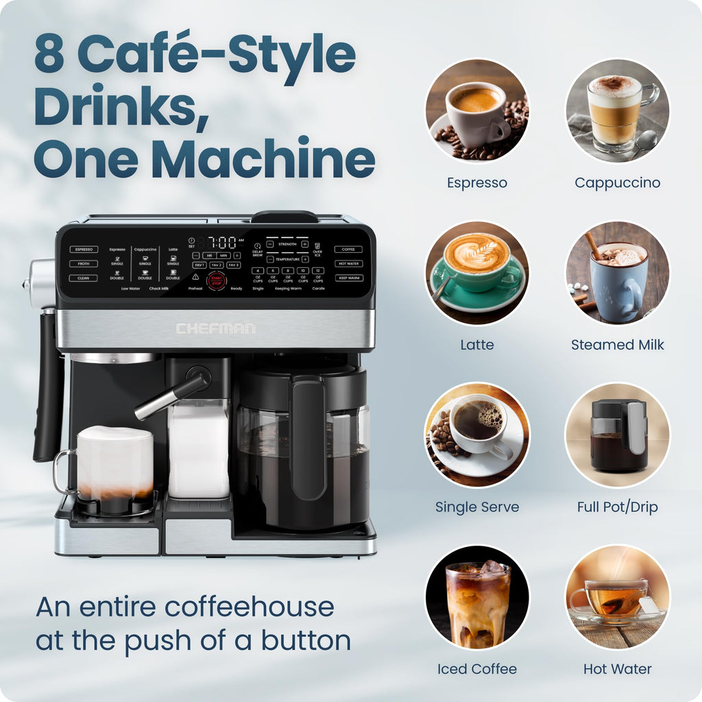 8-in-1 Espresso Machine with Milk Frother, 12-Cup Carafe, Black C1284
