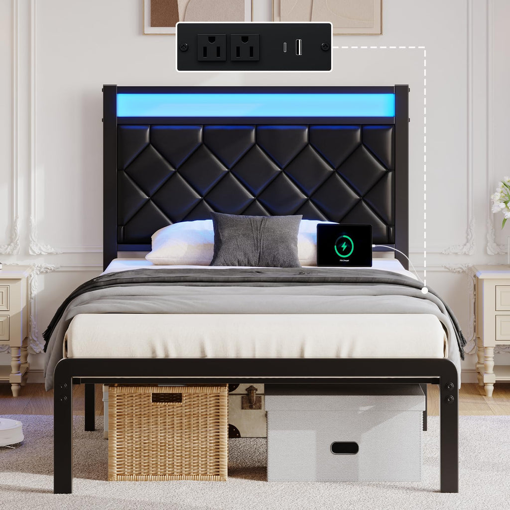 Twin Platform Bed Frame with Charging Station I125