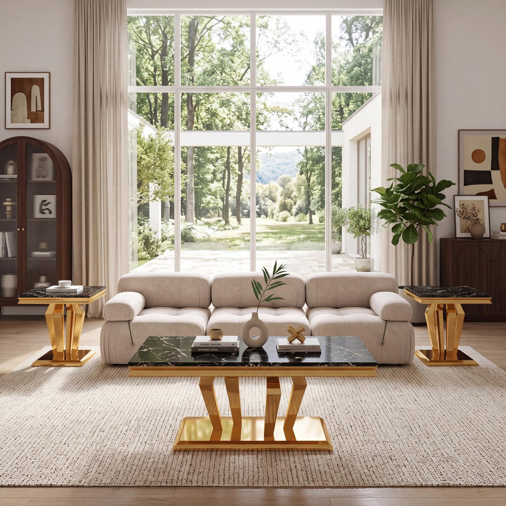 47" Faux Marble Rectangular Coffee Table with Mirrored Finish Stainless Steel Base H67669
