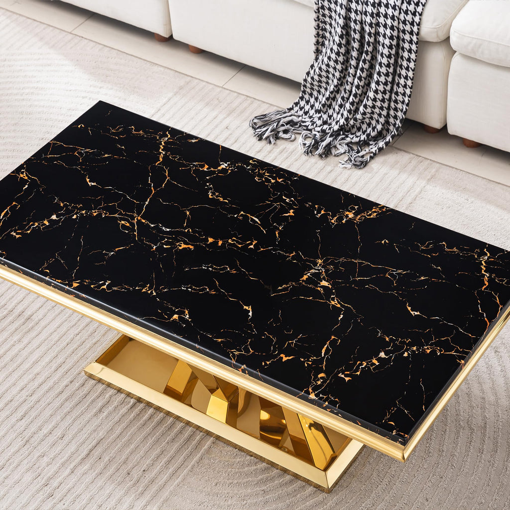 47" Faux Marble Rectangular Coffee Table with Mirrored Finish Stainless Steel Base H67669
