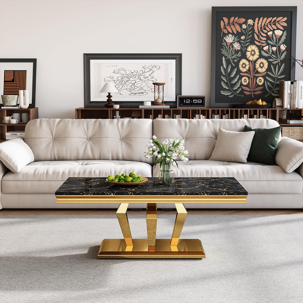 47" Faux Marble Rectangular Coffee Table with Mirrored Finish Stainless Steel Base H67669